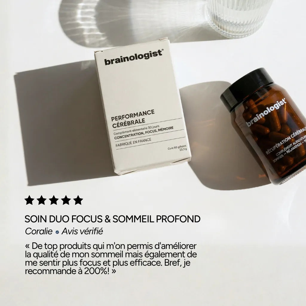 Avis client Duo Performance + Récupération Brainologist – de top produits qui m'ont permis d'améliorer mon sommeil et mon focus je recommande! – Coralie